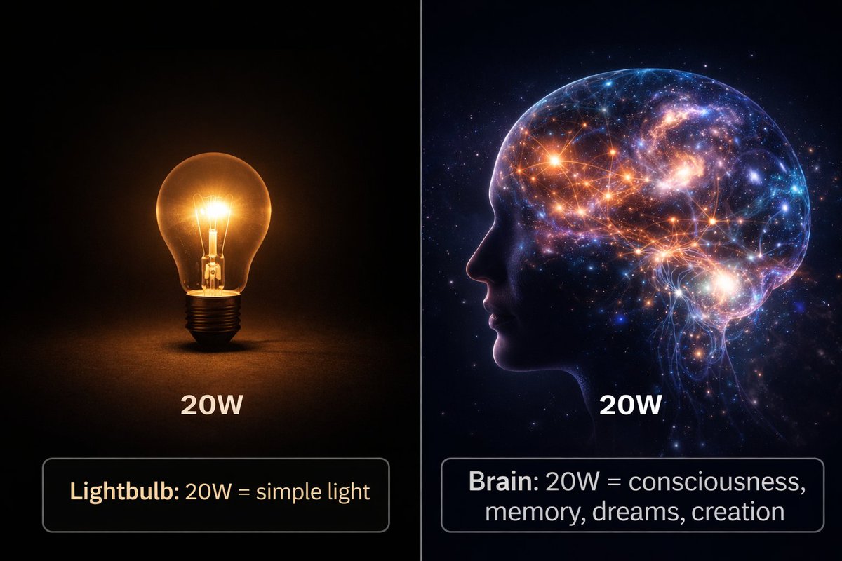 🧠 Your brain is 2% of your body weight. Uses 20% of your energy.

Runs on 20 watts.

That's less power than a lightbulb.

Enough to:
- Store 70 years of memories
- Process 11 million bits of sensory data per second
- Run background consciousness 24/7
- Create abstract thought
-