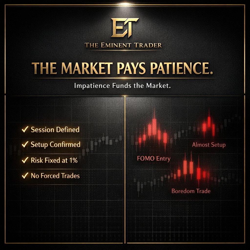 theeminentrader's tweet photo. The market doesn’t test your strategy.

It tests your patience.

Most traders don’t fail because their system doesn’t work.

They fail because they can’t wait.

They can’t wait for:

• Clean structure
• Proper confirmation
• Session timing
• Risk-to-reward alignment
• Their actual setup

So they manufacture trades.

They see “almost” and convince themselves it’s enough.

Almost support.
Almost liquidity.
Almost confirmation.

And “almost” keeps them broke.

Professionals get paid for waiting.

Retail traders get punished for impatience.

The hardest skill in trading isn’t analysis.

It’s doing nothing.

Can you sit through a full session without forcing a trade?

Can you close your laptop after one clean win?

Can you end the day red without trying to “fix it”?

That’s the real edge.

Patience isn’t passive.

It’s controlled aggression.

When your setup appears, you strike.

When it’s not there, you protect capital.

No boredom trades.
No emotional entries.
No ego positions.

Just execution.

The market pays patience.

Impatience pays the market.

Don't forget to Like this post, Retweet, Follow Me & Turn on post notifications for More posts like this. 

I only Recommend Tentrade & Bingx For Forex & Crypto Trading Respectively.

Tentrade (For Forex Trading)→https://t.co/D21IjcXI2F

BingX (For Crypto Trading)→https://t.co/kEiSjSeU2A

You can also download the Bingx App on PlayStore or App Store, Signup and Use the Code YUBBQZ under Referral code. 

Once You Signup, Send a DM to Be added to My Exclusive Community Where I Drop Premium Forex and Crypto Trading Tips, Education & Setups for Free Everyday. 

Terms and Conditions Apply.

You can also Send me a Direct message, Follow me on other social media platforms and check out every other services I offer via the link below.
👇👇👇
 https://t.co/NyWXQWMkmv
