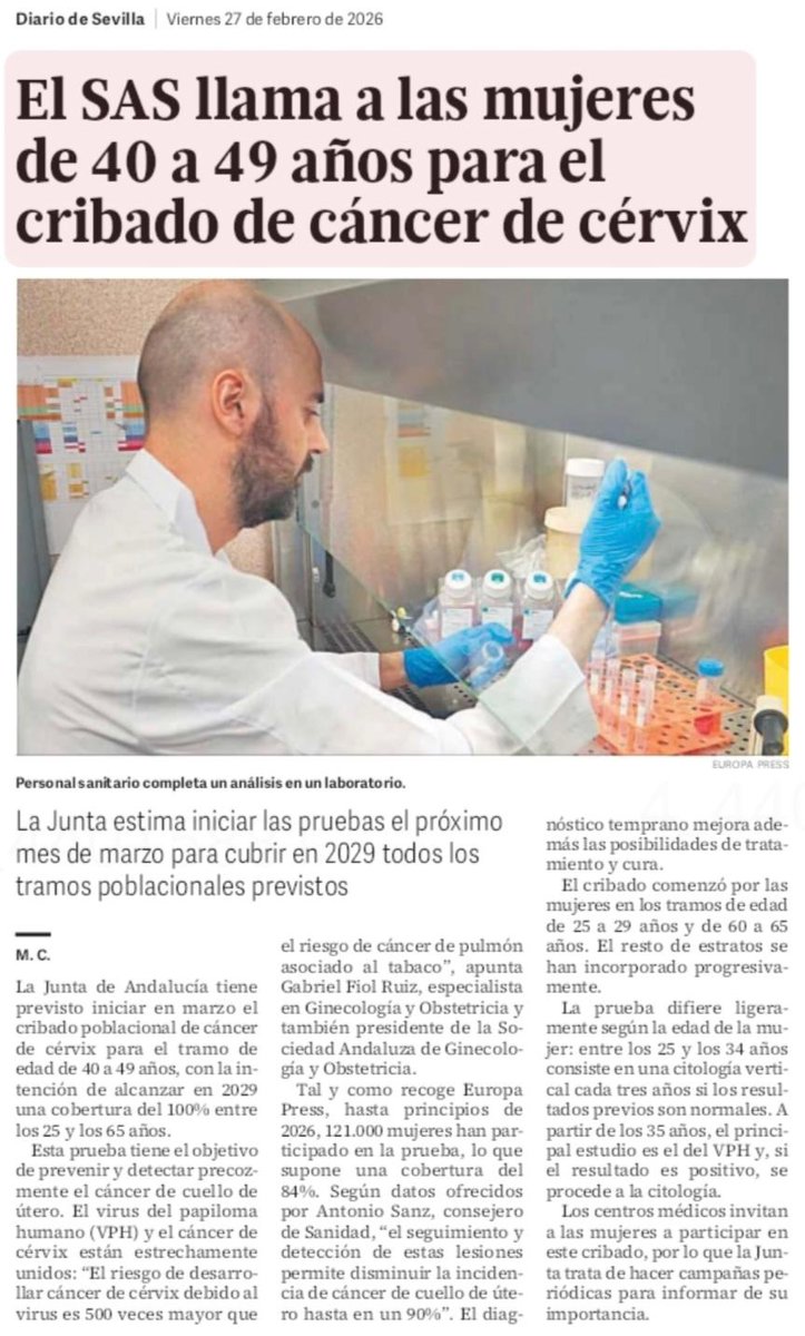 Desde el Gobierno andaluz de <a href="/JuanMa_Moreno/">Juanma Moreno</a> incorporamos en marzo a las mujeres de 40 a 49 años en el cribado de cáncer de cérvix.

Nuestro consejero <a href="/antoniosanz/">Antonio Sanz Cabello</a> ha destacado que 121.000 mujeres han participado ya en el cribado desde su inicio en 2024, con una cobertura del 84%