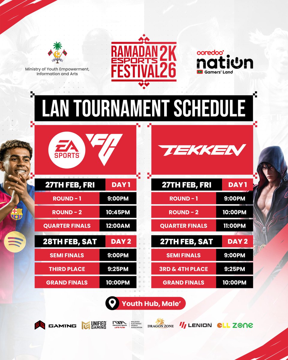 The stage is set for the Ramadan Esports Festival 2K26 LAN tournament! 🔥

Catch all the action from EAFC 26 and Tekken as players battle it out for the top spot.

📍 Youth Hub, Malé
🗓 27th – 28th Feb
⏰ From 9PM onwards