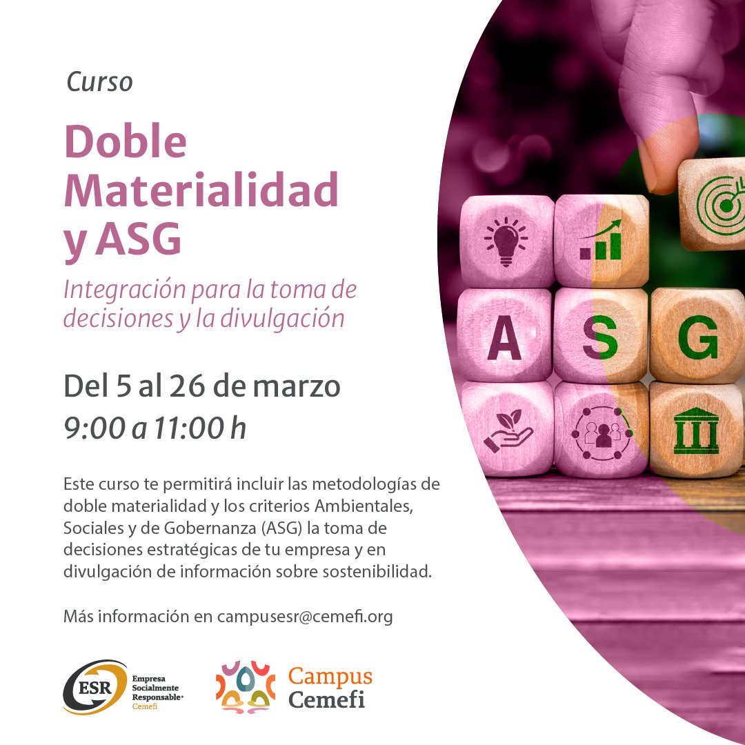 Cemefi_RSE's tweet image. 🎓 Curso | #DobleMaterialidad: el nuevo estándar para la estrategia #ASG
Fortalece la sostenibilidad de tu organización mediante una estrategia ambiental, social y de gobernanza basada en la doble materialidad.
🗓 5 al 26 de marzo
⏰ 9:00 a 11:00 h
🔗 cemefi.org/curso-doble-ma…