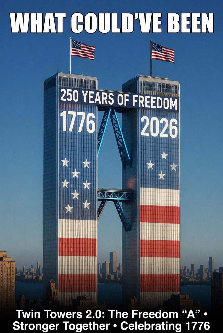 mo1ecu1arkarma's tweet photo. 🇺🇸Towers Of Freedom🇺🇸
There Was Renovation Plans Drawn Up To Join The Towers Together In The Shape Of An A Frame
A Lot Better Than Me And Grok Have Put Together.
It Was To Be Heightened To 1776ft With A Park Joining The Centre Of It.
#wsj #foxnews #gbnews #news #realalexjones https://t.co/a1VqWTtBHm