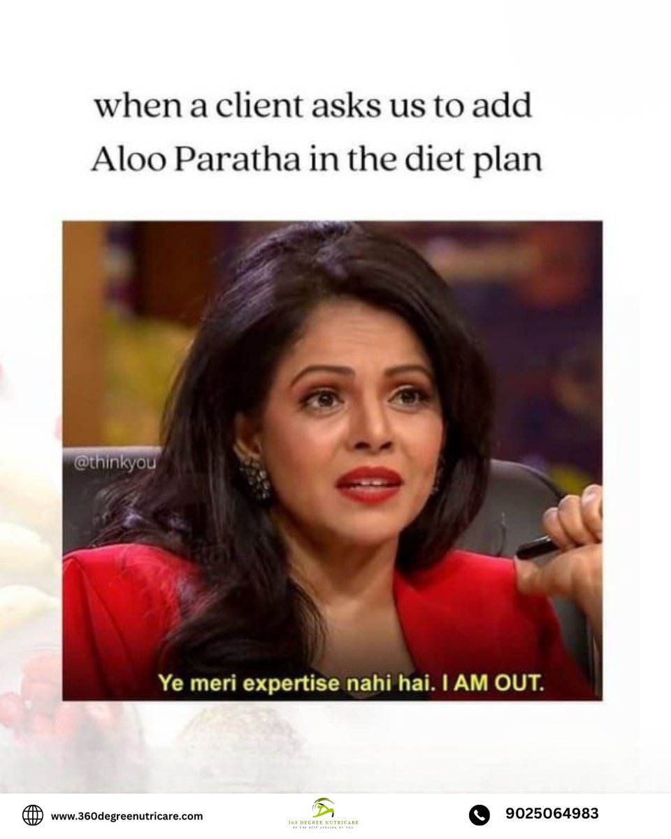 “When a client asks to add aloo paratha in the diet plan…”

Relax — no food is banned.
It’s not about removing your favorite foods, it’s about portion control, balance, and smart planning.
 360degreenutricare.com