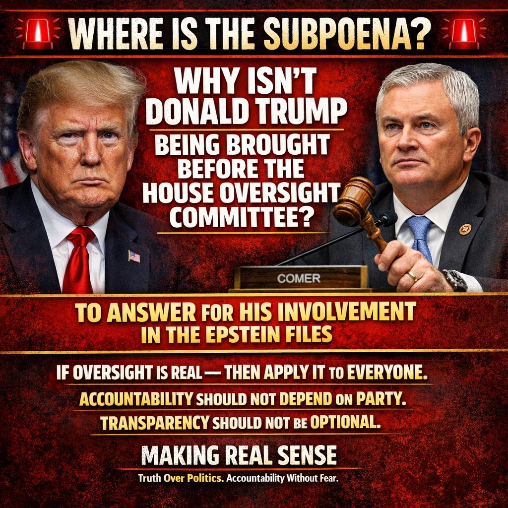 Question to <a href="/HouseGOP/">House Republicans</a> <a href="/RepJamesComer/">Rep. James Comer</a> <a href="/GOP/">GOP</a> 
<a href="/SpeakerJohnson/">Speaker Mike Johnson</a> 

If oversight applies to everyone, then it applies to everyone. Even Donald Trump

Why the silence?
Why no subpoena?
Why no public testimony?

Oversight should not be selective. Accountability should not be political.