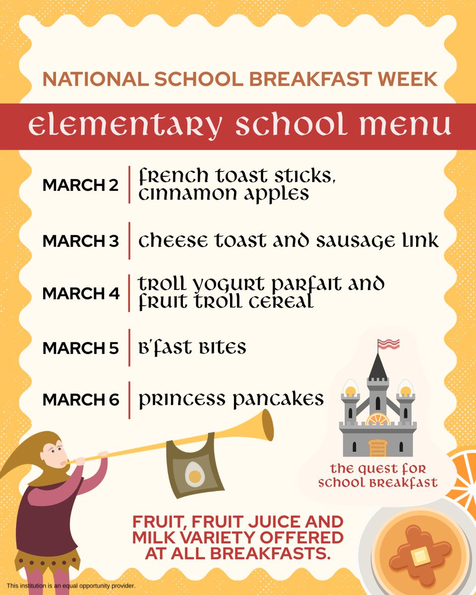 🏰⚔️ The Quest for School Breakfast begins Monday! 🐉

Elementary students will receive Quest Books for #NSBW26 and track their journey all week long. Each morning they enjoy school breakfast brings them closer to completing the quest — and a chance to win a “Royal” prize! 👑✨