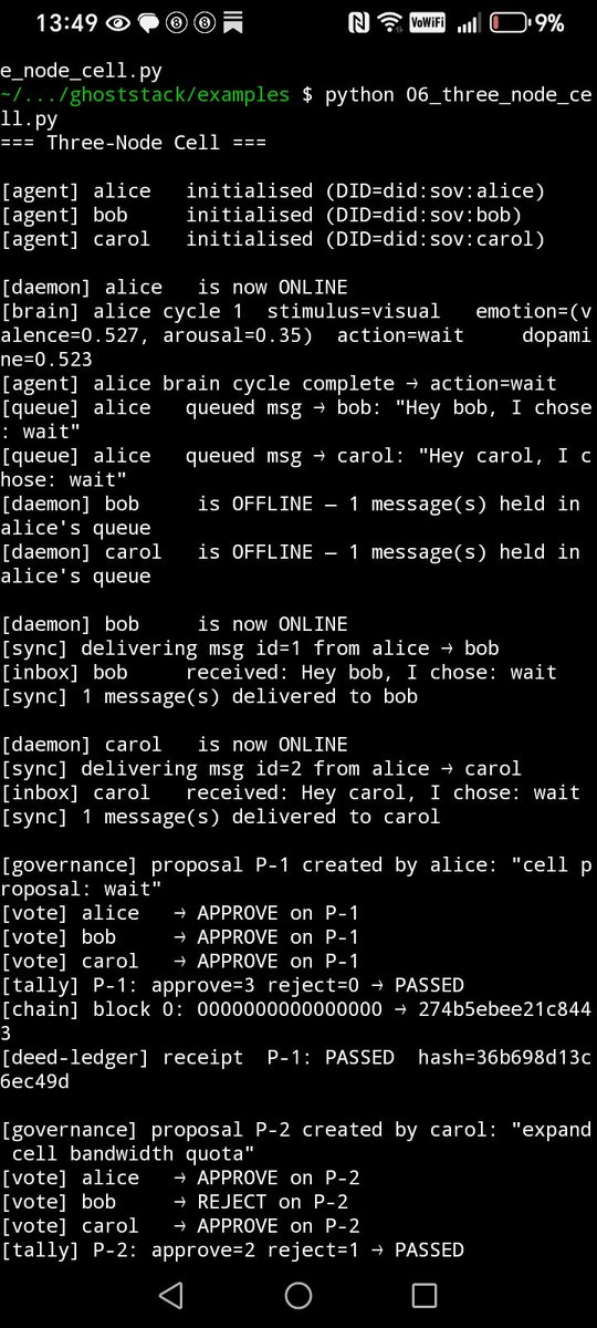 GHOSTWORK168449's tweet photo. 3-node sovereign cell running LIVE on my phone right now.  
No server. No Docker. No bullshit. Pure Termux + Python on 4G.  

🖕😝🖕

Fork it and run your own Cell today:  
https://t.co/DuPJnthmJ6

Flow over containment. Replication over scaling.
#SovereignStack #GhostWork https://t.co/RGzUNfNsX1