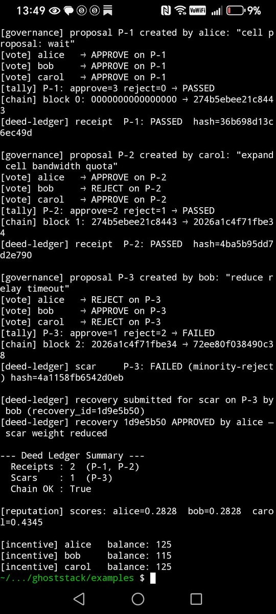 GHOSTWORK168449's tweet photo. 3-node sovereign cell running LIVE on my phone right now.  
No server. No Docker. No bullshit. Pure Termux + Python on 4G.  

🖕😝🖕

Fork it and run your own Cell today:  
https://t.co/DuPJnthmJ6

Flow over containment. Replication over scaling.
#SovereignStack #GhostWork https://t.co/RGzUNfNsX1
