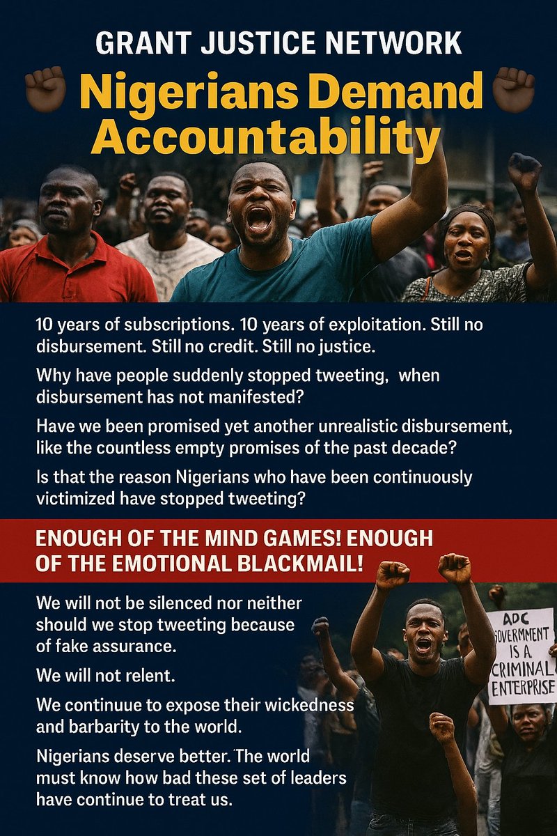 DecideGrant2025's tweet photo. Why have tweets stopped when disbursement hasn’t started? 
Empty promises won’t silence us.  
We see through the mind games.  
We will keep tweeting. We will keep fighting. #ExposeTheWickedness 
@cenbank @IMFNews @WorldBankGroup @RepRileyMoore @realDonaldTrump @UN @cnni @ARISEtv https://t.co/37UkbOPOqJ