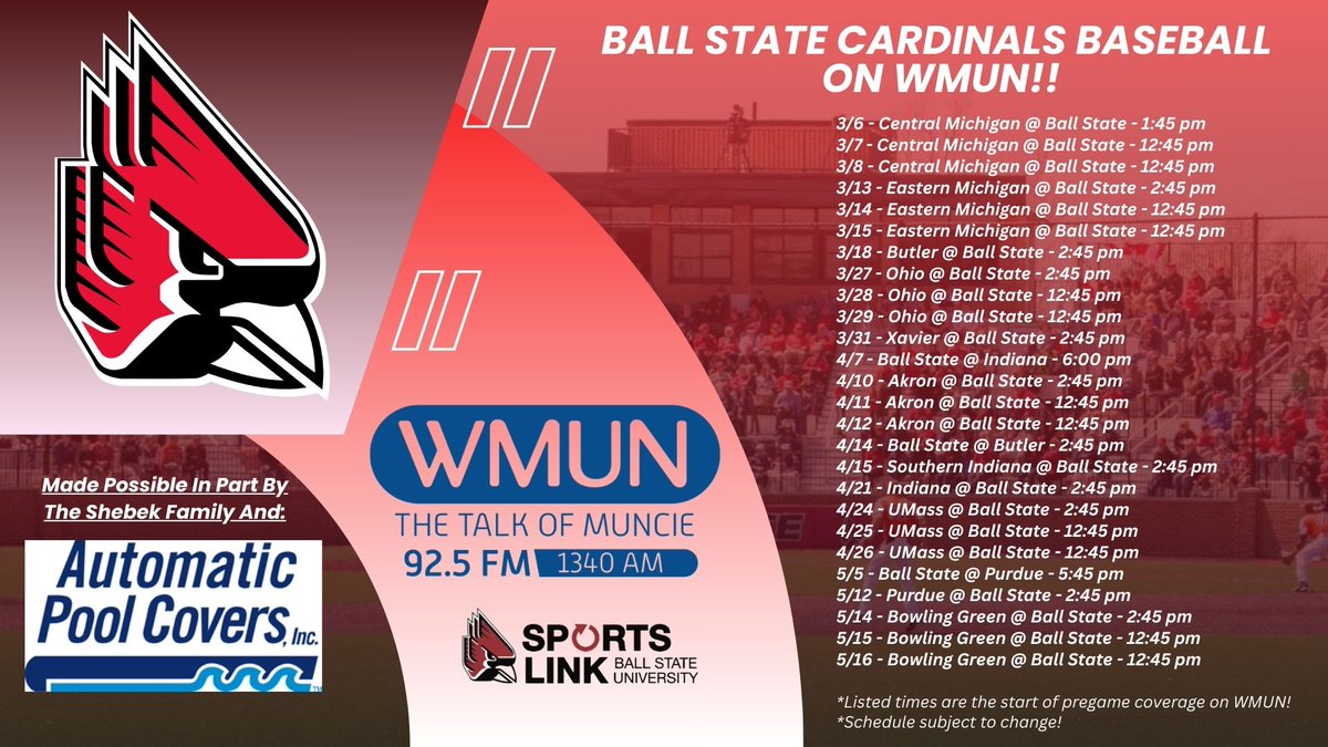 WMUNMuncie's tweet photo. ANNOUNCEMENT! We will be carrying Ball State Baseball on @WMUNMuncie for the first time ever! We will bring you all 22 home games and three in-state road games!

Special thanks to the Shebek Family and Automatic Pool Covers for making our coverage possible! https://t.co/vlZetvpK57