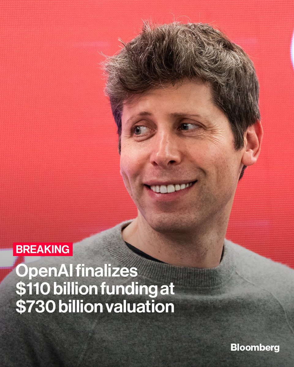 OpenAI said it has finalized a record-breaking $110 billion funding round including investors from Amazon, SoftBank and Nvidia, valuing the company at $730 billion. Read more: bloom.bg/4cXt33c

📷: Kyle Grillot/Bloomberg