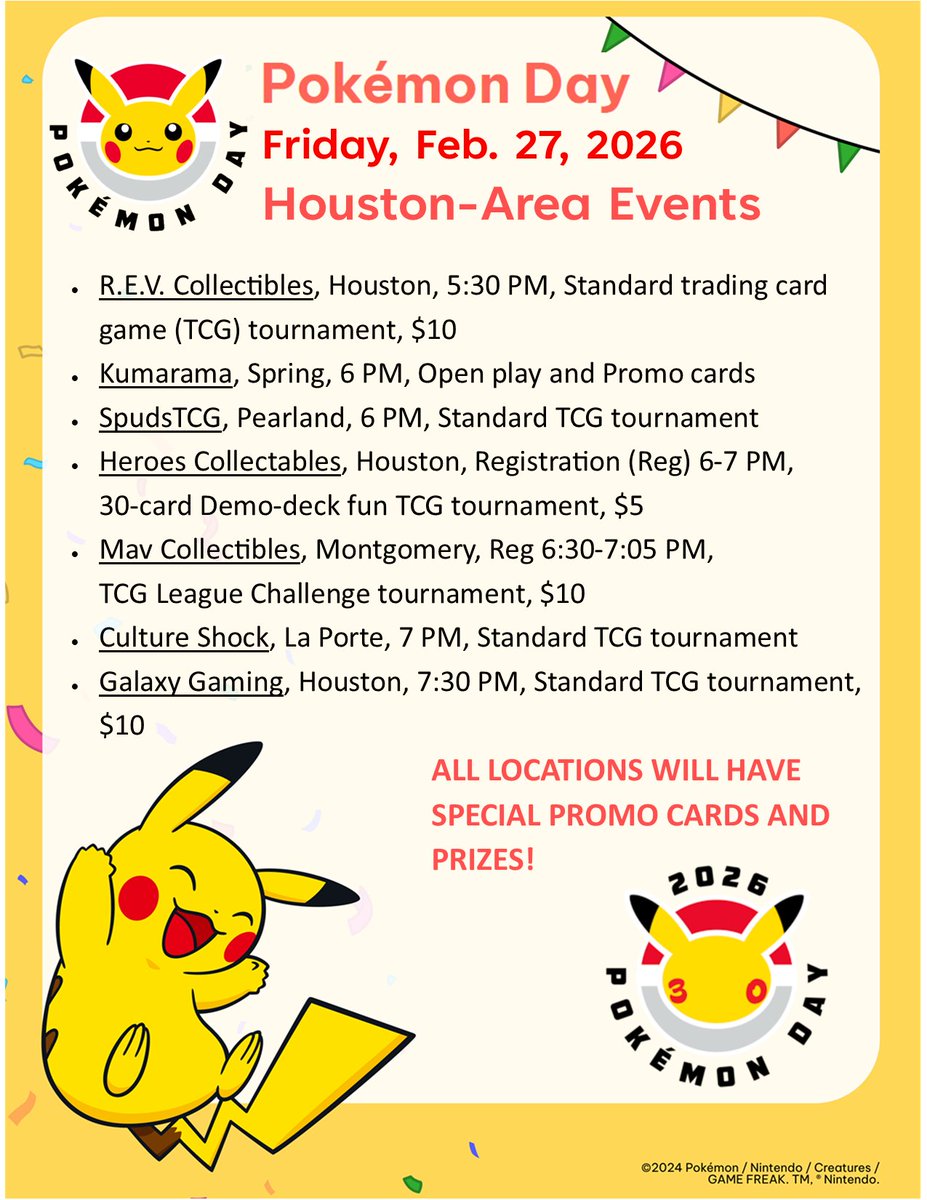 Happy #PokemonDay! We have 2 Trading Card Game (TCG) League Challenges, 11 Pokémon Leagues, and 7 Pokémon Day events today! #PlayPokemon #Pokemon30