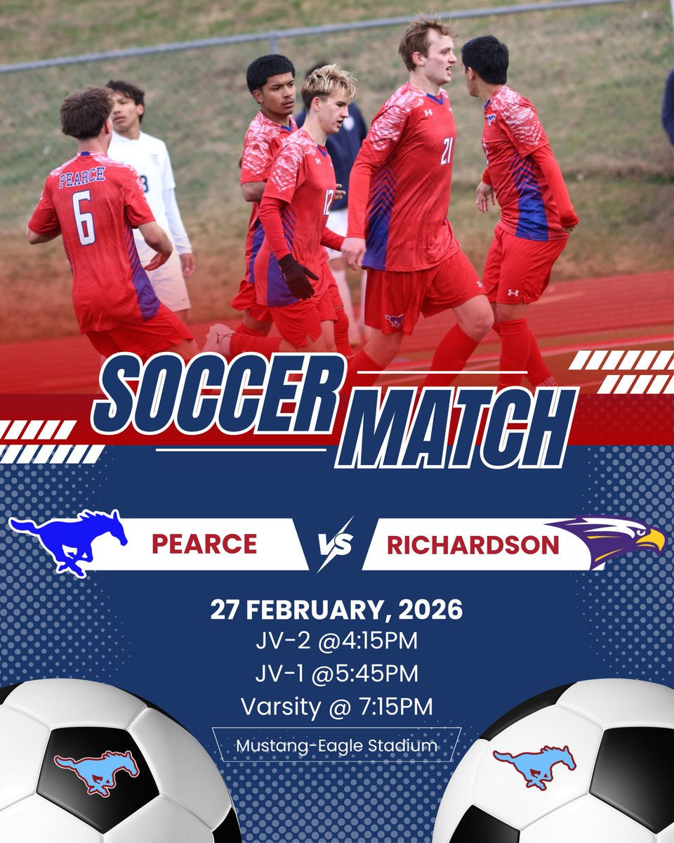 #gameday tonight at Richardson. JV-1 at 4:15, JV-1 at 5:45, and Varsity at 7:15. Games at Mustang-Eagle Stadium, come out and support! 

#mustangsoccer #compete