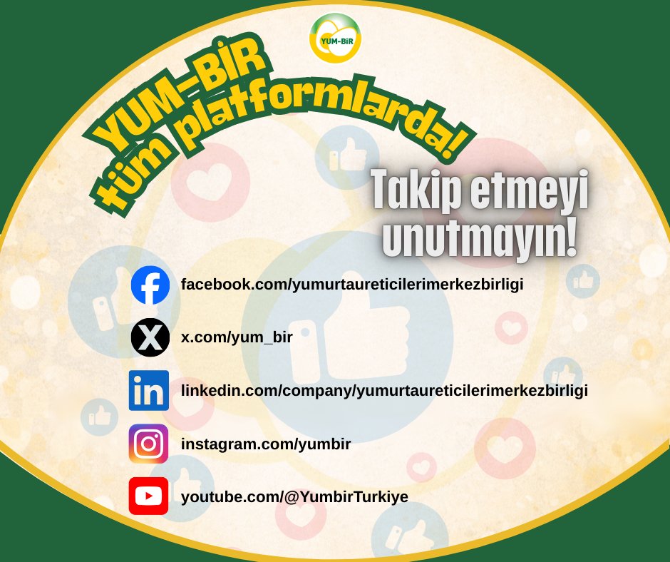 YUM-BİR tüm platformlarda! 🥚

Sektörel gelişmeler ve duyurular için bizi takip edin:

Facebook:
🔗 facebook.com/yumurtauretici…

LinkedIn:
🔗 linkedin.com/company/yumurt…

Instagram:
📲 instagram.com/yumbir

YouTube:
🔗 youtube.com/@YumbirTurkiye