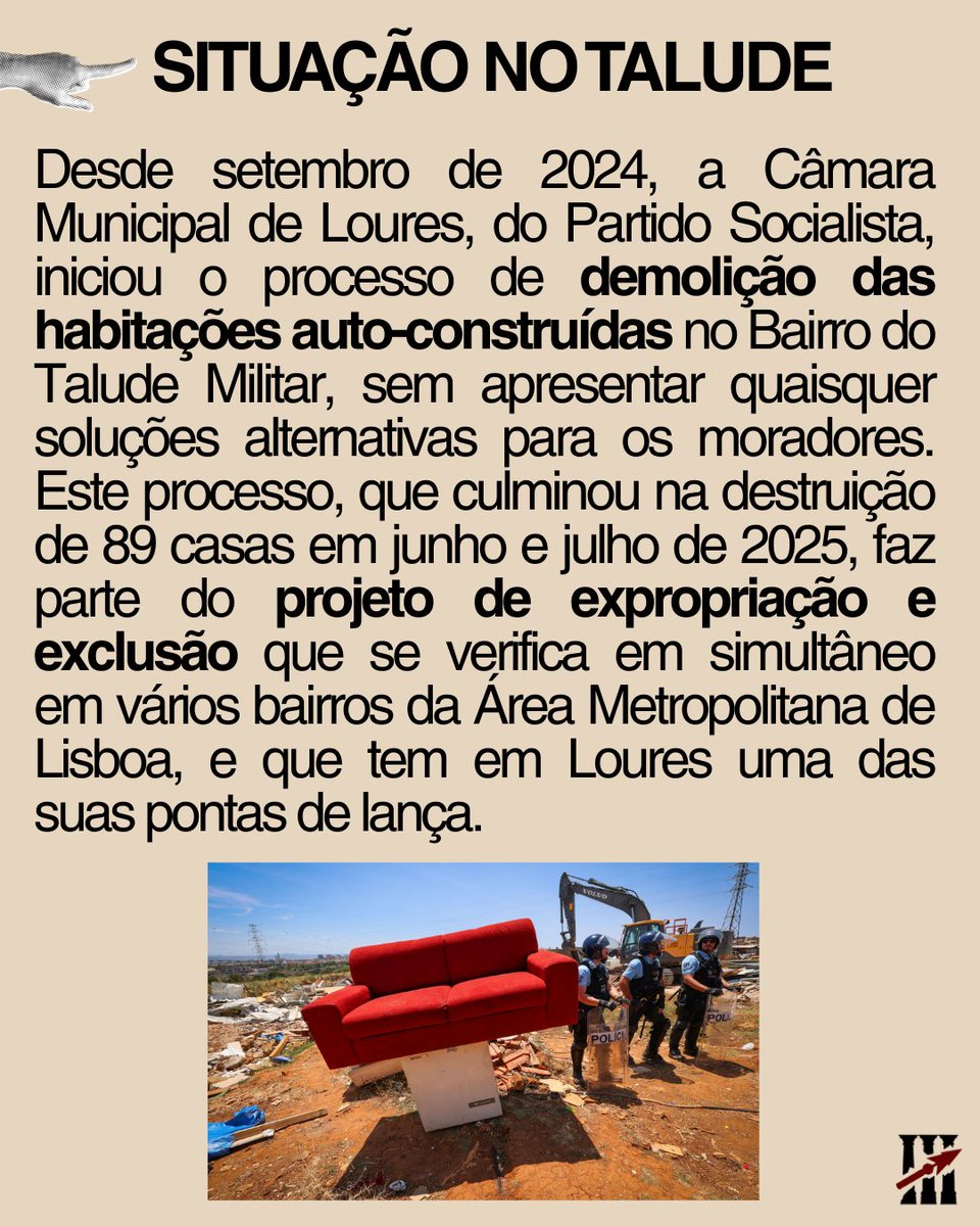 CONSTRUIR DE BASE A NOSSA FORÇA
Solidariedade com os moradores do Bairro do Talude!

Em setembro de 2024, a CM Loures iniciou a demolição de habitações autoconstruídas no Talude, intensificando-a em junho e julho de 2025.