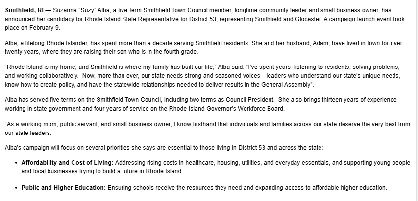 Another candidate heard from: 5-term Smithfield town council member Suzy Alba, a Democrat, aims for House District 53 seat held by Republican Paul Santucci