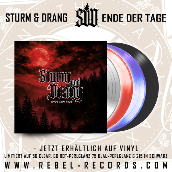 Neuerscheinung: Sturm und Drang – „Ende der Tage“ (30 Jahre)

Nun halten wir endlich die Vinyl-Version von „Ende der Tage“ in den Händen!

215 × Schwarz 001-215
60 × Perlglanz- Rot 216-275
75 × Perlglanz Blau 276-350
50 × Clear 350-400

oldschool-records.com