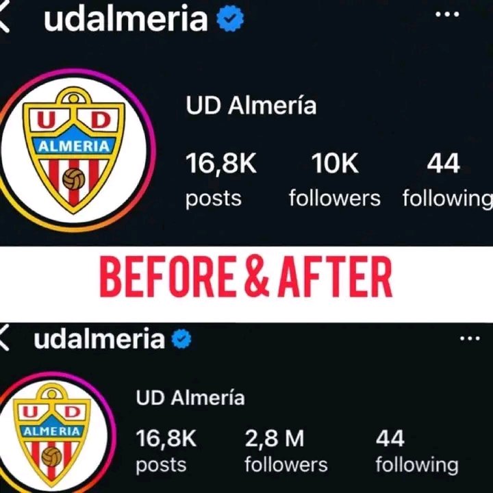 Almeria moved from 10k followers to 2.8 million followers in under 2 hours of Ronaldo's ownership announcement 🤯🤯🤯🤯