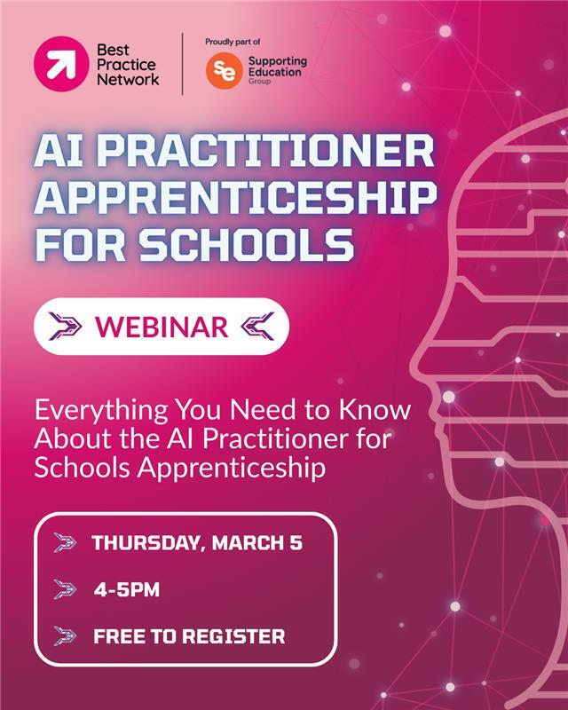 bestpracticenet's tweet photo. Free webinar: Are you the person everyone turns to when AI comes up at school? We will show how the AI Practitioner Apprenticeship builds safe, GDPR aware AI and automation skills, plus a live workplace project from month 6. Levy funded. Real impact. Join us: https://t.co/PRdp49fhMq