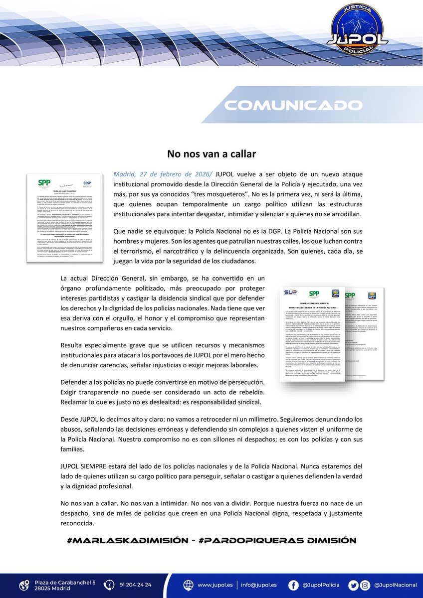 #COMUNICADO: No nos van a callar

JUPOL vuelve a ser objeto de un nuevo ataque institucional promovido desde la Dirección General de la Policía y ejecutado, una vez más, por sus ya conocidos “tres mosqueteros”. No es la primera vez, ni será la última, que quienes ocupan