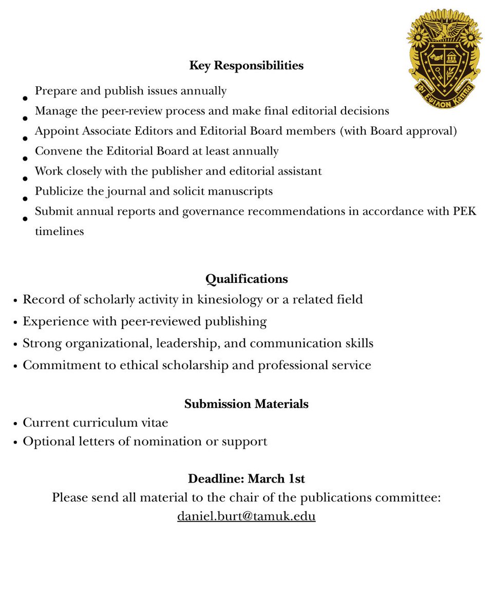 Phi Epsilon Kappa is seeking an Editor for The Physical Educator Journal! Apply by March 1, 2026 to lead in kinesiology scholarship. Details: phi-epsilon-kappa.org #Kinesiology #AcademicJobs #EditorOpportunity #ApplyNow