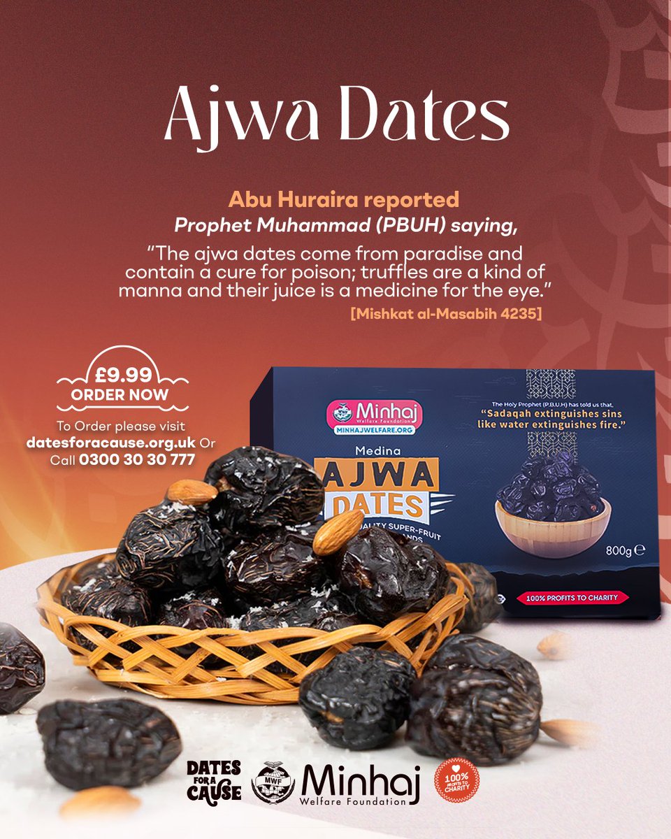 minhajwelfare's tweet image. 🌴 Our Ajwa dates from the blessed city of Medina are rich in fiber, antioxidants, and natural sugars.

🫶 100% of proceeds go to charity.

 🎁 Order your box of Ajwa Dates today! 

🔗datesforacause.org.uk/shop/ 

#MWF #Medjoul #Dates #KingOfDates #DatesForACause #NewBoxes