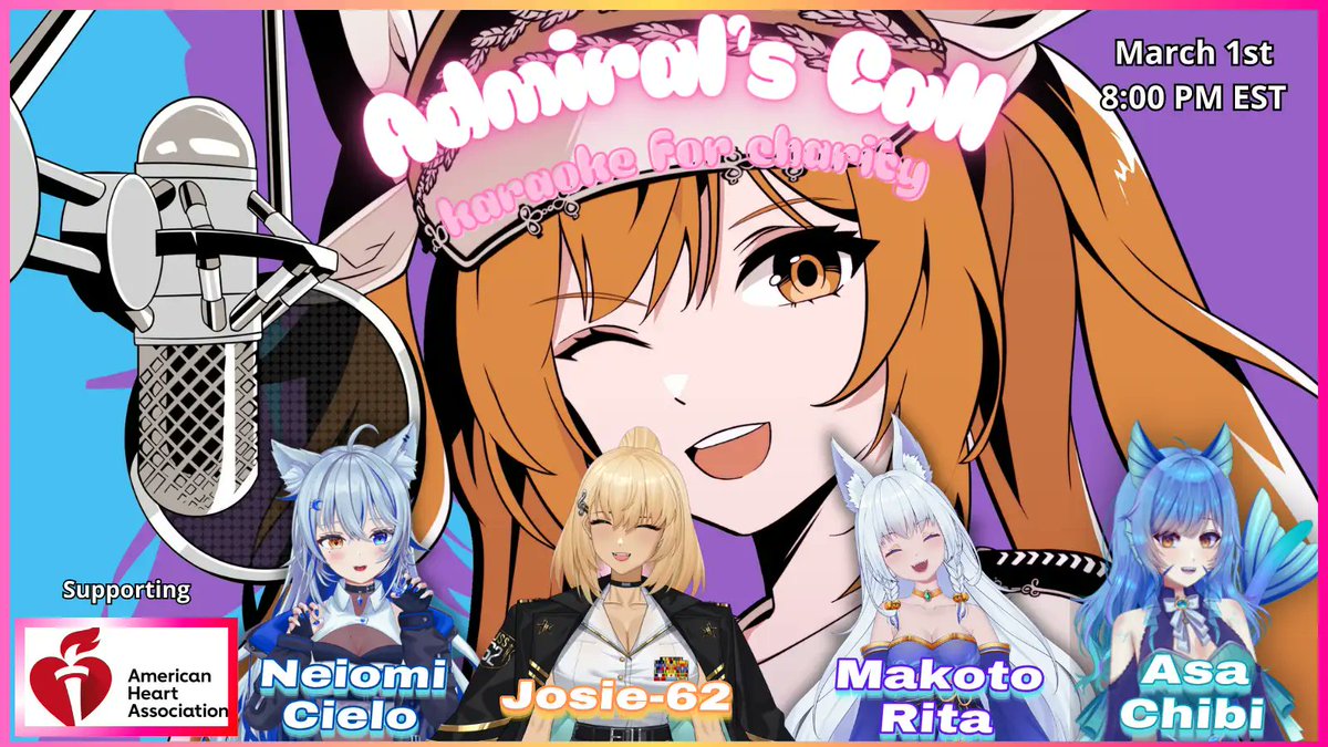 It's time for Admiral's Call! 🥰 KARAOKE FOR CHARITY!!! MARCH 1ST! 8PM EST (7PM CST) We are raising funds for <a href="/American_Heart/">American Heart Association</a> with the event <a href="/Heart_Liive/">Heart Liive ❤️</a> ♡ Joining me is <a href="/neiomicielo/">nei✨🪱【lucid ☁️】💘lobita💙🐺</a> <a href="/AsaChibiVT/">Asa🌊Chibi🐈 【IRIAM FS ❙ OshiCore】</a> <a href="/MakotoRita/">Rita🎐</a> and <a href="/Josie62VT/">Josie-62 🖤🐲⚓【VFleet】</a>!!!