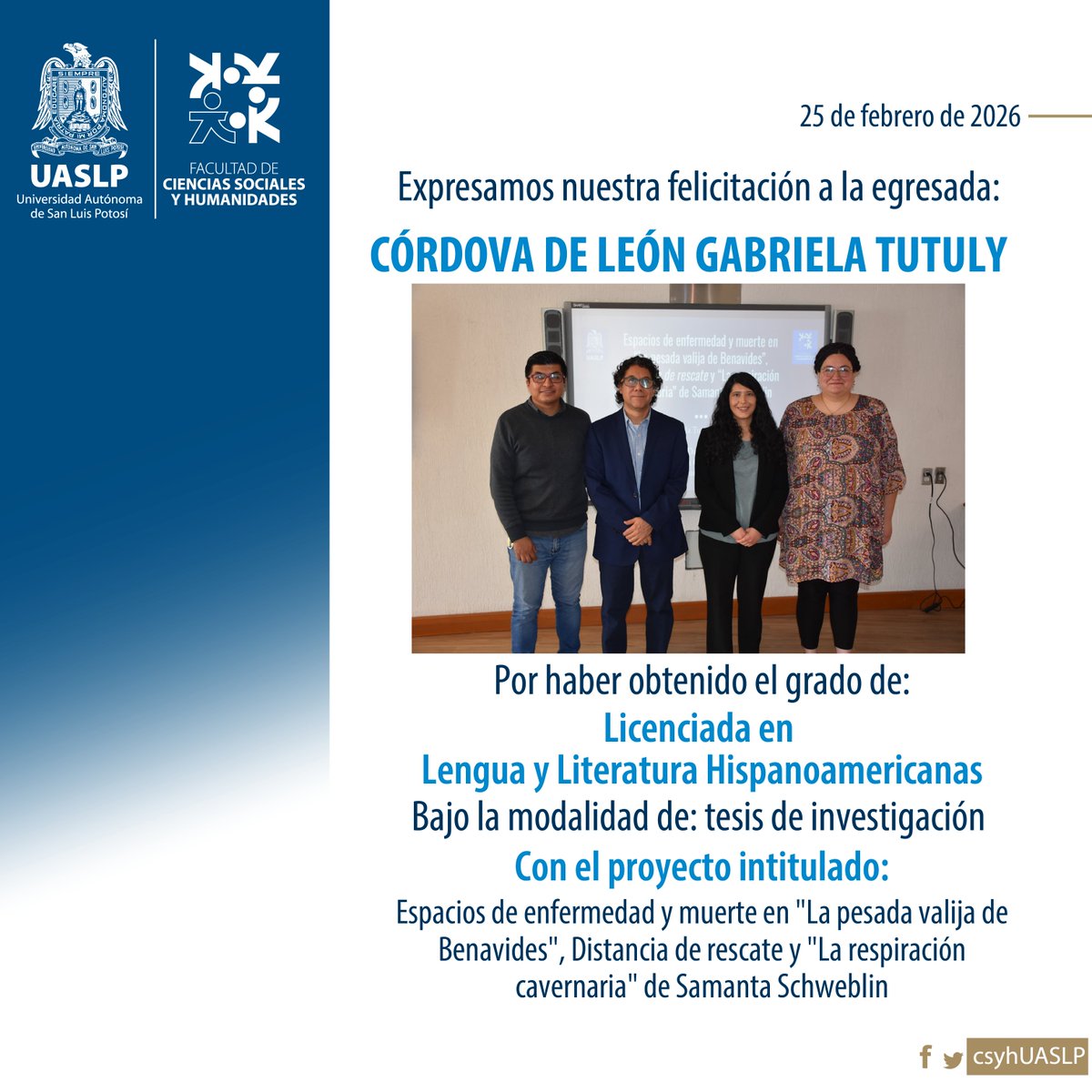 csyhUASLP's tweet photo. ¡Muchas felicidades! 🎊🦅🎓
#egresada #titulada #UASLP #FCSyH https://t.co/rMNiQaEzzj