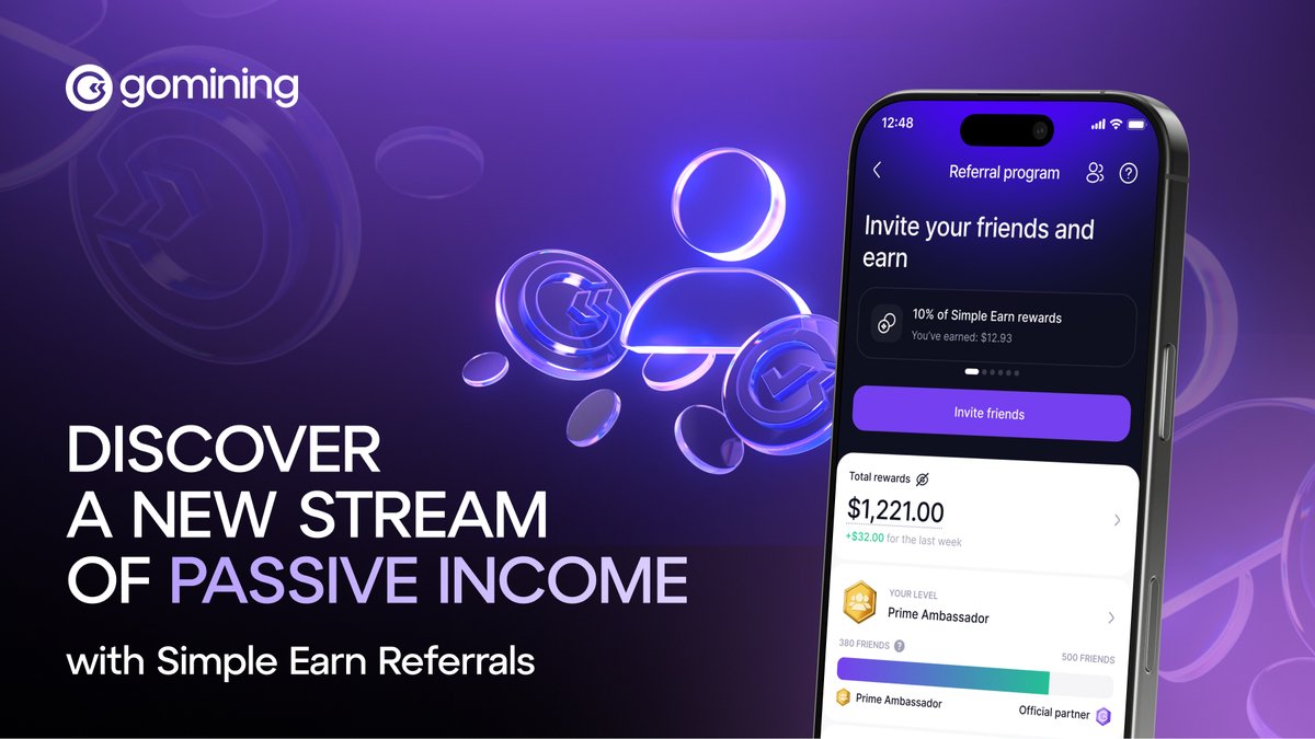 GoMining's tweet photo. Earn 10% of your friends’ Simple Earn rewards ⚡

Our new Simple Earn* feature gives you a simple way to earn BTC rewards from your crypto assets — and it’s already proving very popular.

If you like it, you can now earn by telling your friends about it.

When they earn through Simple Earn, you receive 10% of their rewards, credited daily in GOMINING.

They can also activate a free 1-month Platinum+ subscription, including:
📈 x1.2 Simple Earn multiplier
🎮 15% off MinerWars boosts
💳 2% card cashback
⚙️ 2.1% maintenance fee rate
🚀 Tier 6 Launchpad allocations (x60)
🤝 VIP support

Good perk, isn’t it?

No upfront payment required. The free month must be activated within 30 days.

*Note: Simple Earn is currently not available in the U.S.