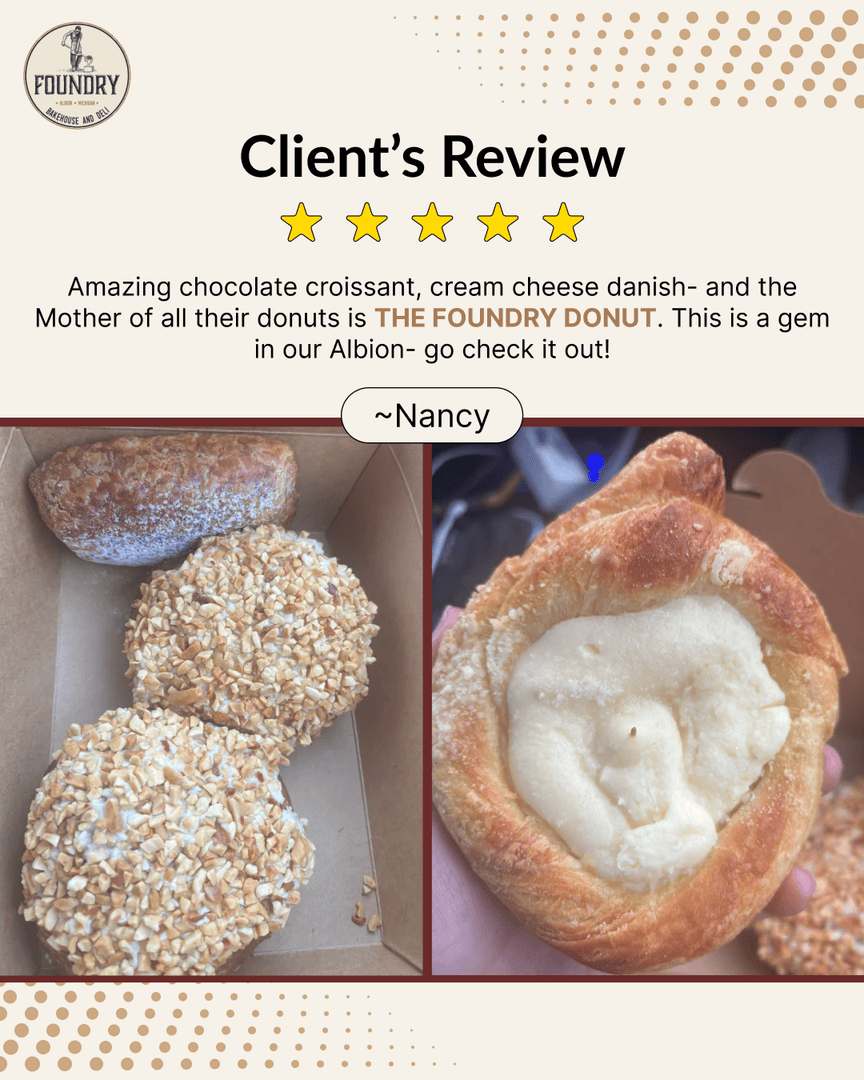 FoundryBake's tweet photo. From flaky chocolate croissants to rich, creamy cheese danishes, every bite is pure comfort. And let’s not forget the star of the show — The Foundry Donut. 
 #FreshDonuts #ChocolateCroissant #CreamCheeseDanish #TheFoundryDonut #BakeryLovers #MichiganEats https://t.co/sLwJqKbaj9