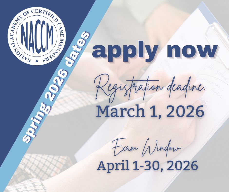 CareManagerCMC's tweet photo. Final reminder! The Spring 2026 CMC exam application deadline is this Sunday. Elevate your Care Management career and apply now at https://t.co/QJqRgT0AHp.

#NACCM #CareManagerCertified #CMC #CareManagement https://t.co/6Q7i2lC3VY