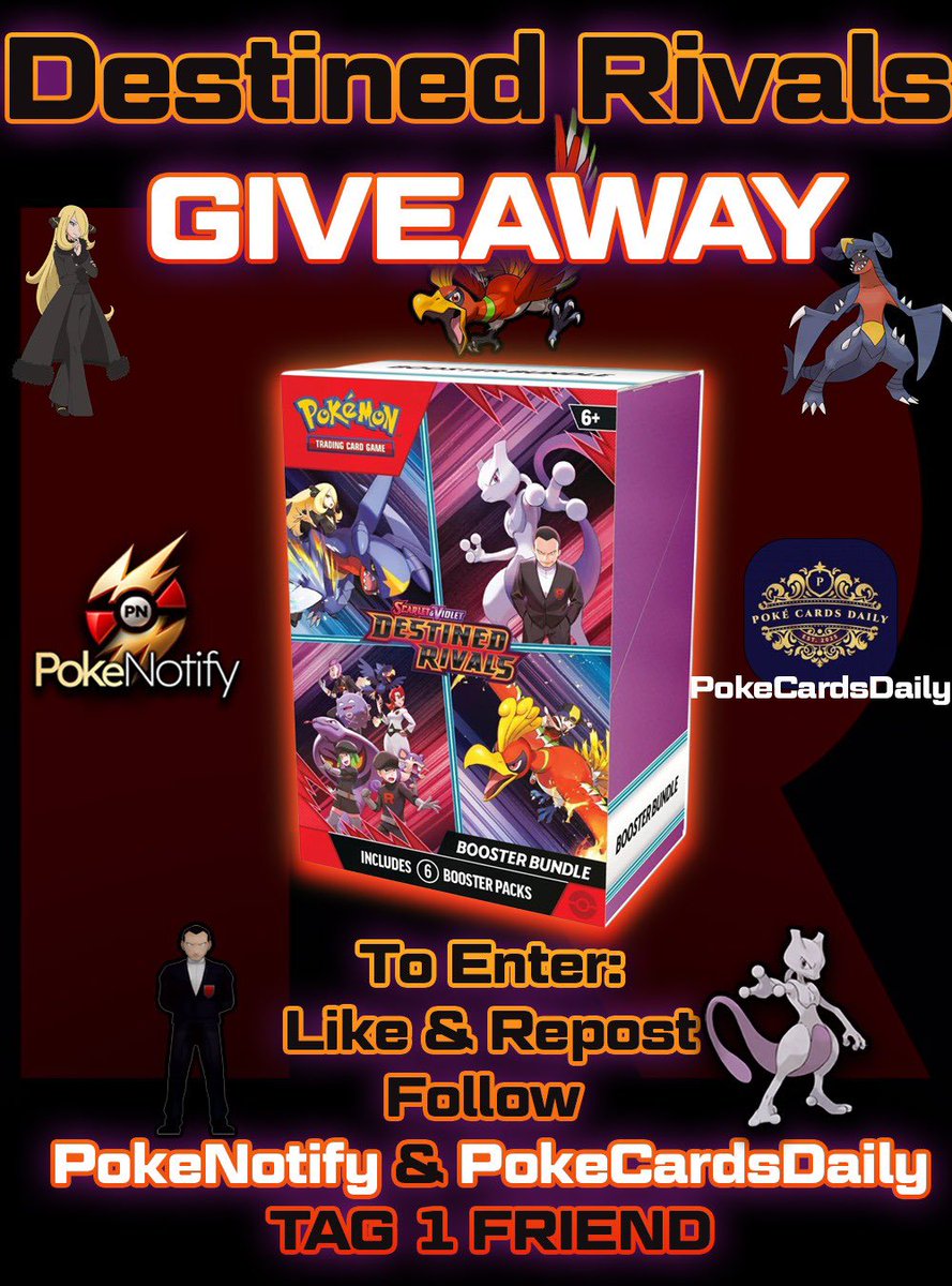 🎉 GIVEAWAY ALERT 🎉
We’re giving away a SEALED Pokémon Scarlet &amp; Violet Destined Rivals Booster Bundle! 🎁

To enter:
✅ Like &amp; Repost
✅ Follow <a href="/PokeCardsDaily/">PokéCardsDaily</a> and <a href="/PokeNotifyX/">PokeNotify</a>
✅ Tag a friend who loves Pokémon!
🗓️ Winner announced by PokeNotify on Monday, March 2nd!