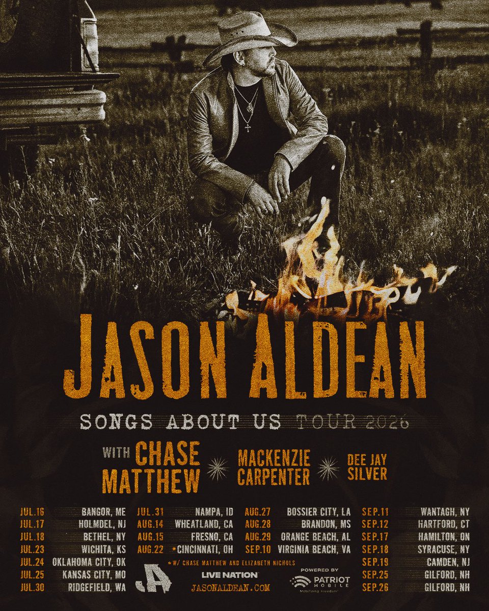 Jason_Aldean's tweet photo. Announcing the Songs About Us Tour powered by @PatriotMobile 🔥 with special guests Chase Matthew, Mackenzie Carpenter & Dee Jay Silver! Tickets on sale Friday, March 6th @ 10AM local time.

Aldean Army members get first access to tickets starting March 3 at 10:00 AM local. Join now- https://t.co/iQCKqgWYnZ