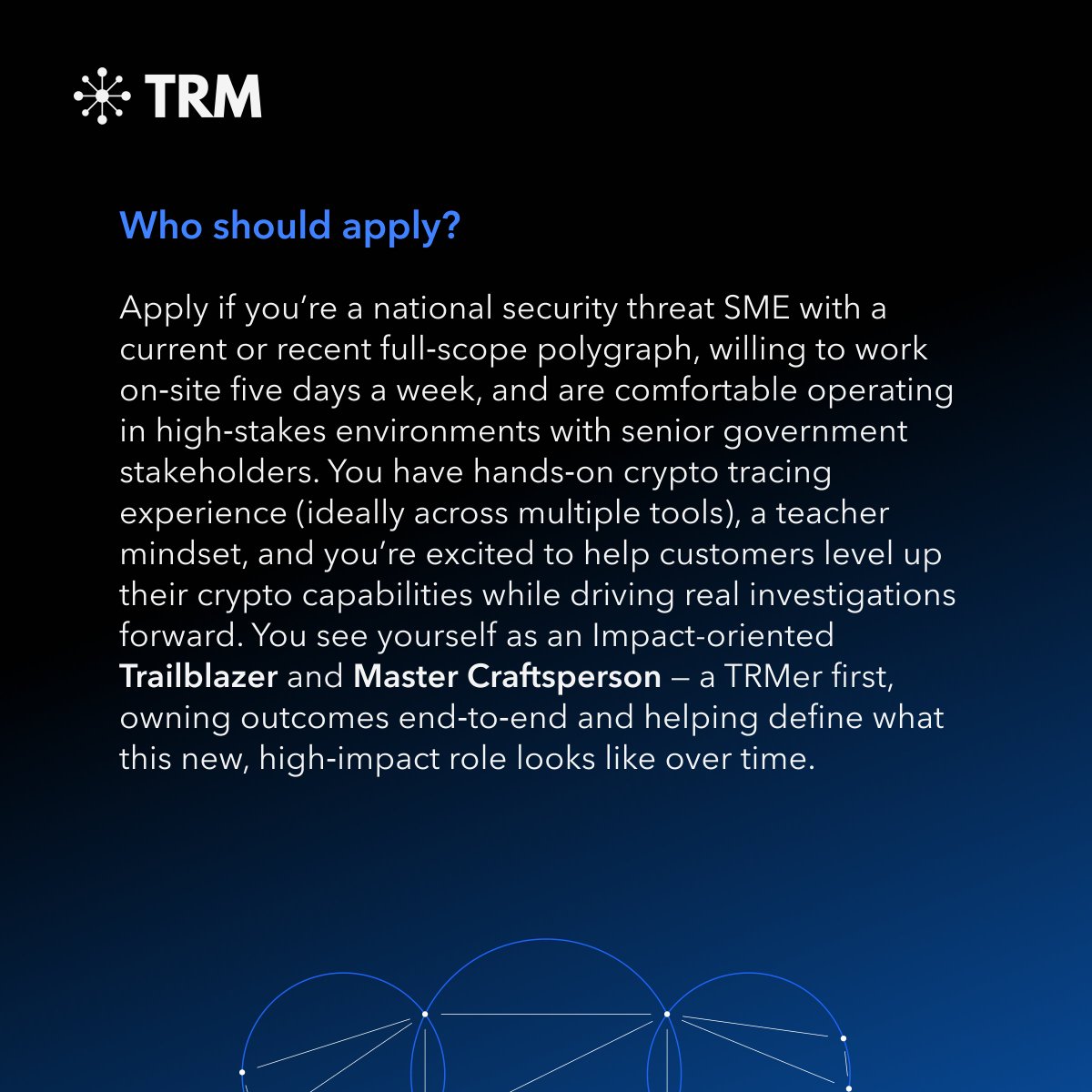 trmlabs's tweet photo. Are you a national security threat expert with #crypto skills? TRM is looking for a 𝗚𝗹𝗼𝗯𝗮𝗹 𝗜𝗻𝘃𝗲𝘀𝘁𝗶𝗴𝗮𝘁𝗼𝗿, 𝗡𝗮𝘁𝗶𝗼𝗻𝗮𝗹 𝗦𝗲𝗰𝘂𝗿𝗶𝘁𝘆 to help NatSec agencies disrupt crypto-enabled crime worldwide.

High stakes. Real-world impact. Apply now 👉  https://t.co/Vex0ZEtEhc