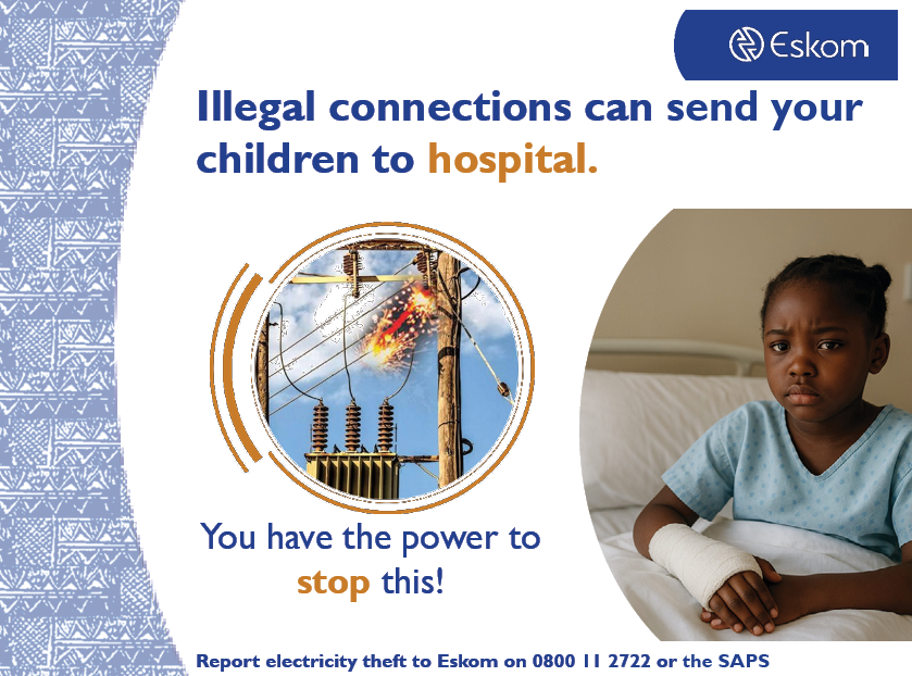 Eskom_SA's tweet photo. Illegal connections cause overloading of the network, and result in unplanned outages when transformers or mini-substations overheat or explode. This can harm your children and send them to hospital. You have the power to stop this.
#SaveYourTransformer #ReportElectricityTheft #ReportIllegalConnections