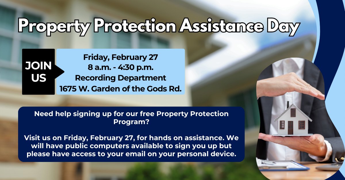 ClerkEPC's tweet image. Need help signing up for our FREE Property Protection Program? 🏡🔒 Visit our Recording Department on Friday, Feb. 27, from 8 - 4:30. We will have computers set up but please have access to your email on your personal device.

#PropertyProtection #PropertySafety #ElPasoCounty