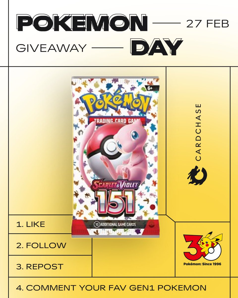 CardChaseFun's tweet photo. Happy Pokemon Day 🎉

Let's celebrate 30 years of Pokemon with a 151 Booster Pack giveaway🎁

To participate:
- follow @CardChaseFun 
- like &amp; retweet this post
- comment your favorite Gen1 pokemon

Winner will be picked on Sunday 15:00 UTC https://t.co/sLP6esYitt