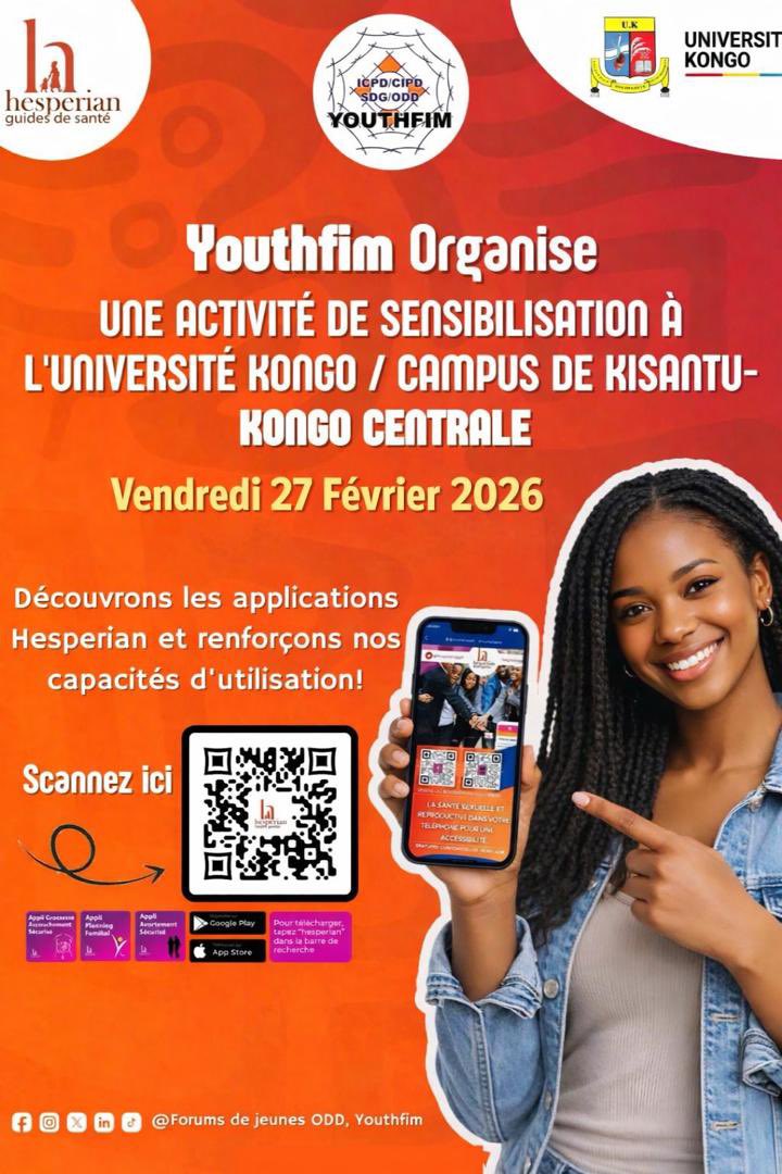 Youthfim's tweet photo. En cours maintenant à l' #Université
Kongo dans la province du #Kongo central. 

Nous animons une activité de sensibilisation marquant une première: l'accueil des applications @hesperianappli au Campus de Kisantu. 

Santé digitale, innovation et jeunesse réunies au cœur de l’UK https://t.co/Gvoa1zocMm