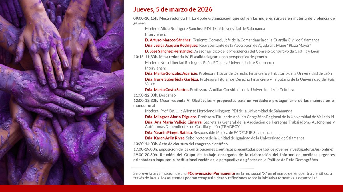 ♀️🌾#ProgramaCompleto #MujerRural

📍Facultad de Derecho <a href="/usal/">Universidad de Salamanca</a>
📅4 y 5 de marzo

Inscripción: goo.su/JYPu

Financia: <a href="/InstMujeres/">Instituto de las Mujeres</a>