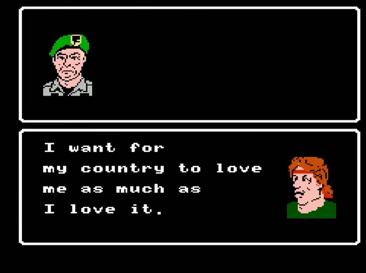 iapunk2's tweet photo. I couldn't have said it better myself Rambo.

An Ending Screen in NES Rambo (1987) https://t.co/zjmoUIbJjv