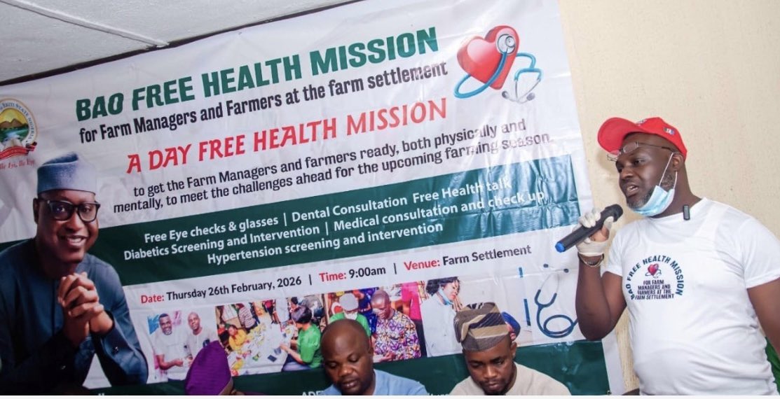 MinofinfoEKSG's tweet image. OYEBANJI’S AIDE ORGANISES FREE HEALTH MISSION FOR FARMERS TO BOOST FOOD PRODUCTION 

Over 500 farmers and farm managers from Ekiti State farm settlements benefited from the second edition of the BAO Free Health Mission, organised by Senior Special Assistant to the Governor on