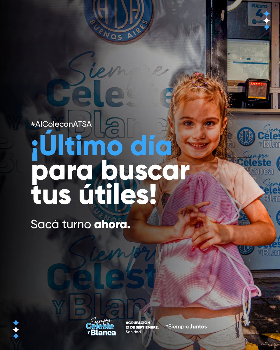 ¡Estás a tiempo! 🙌

Hoy es tu última oportunidad de obtener el kit escolar para tus hijxs.

👉 Sacá turno en atsa.org.ar/entrega-de-uti…  y acercate a Saavedra 172 hasta las 18 h.

Venite, te estamos esperando 💙

#CelesteyBlanca #SiempreJuntos