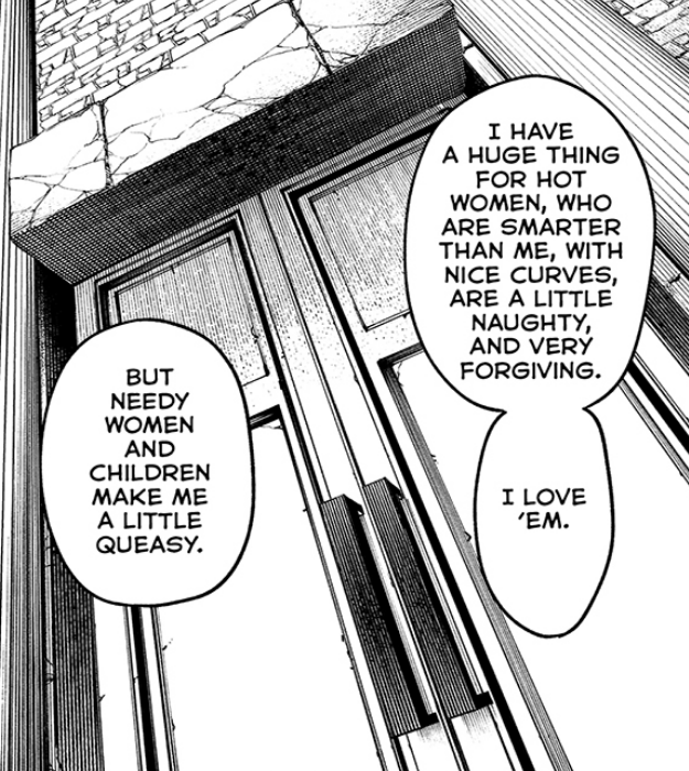 GP559_'s tweet photo. @Mythicalmaster2 No wonder you're horribly mischaracterizing Enjin, you're reading FAN SCANS that don't accurately translate what he even said in this scene. He does NOT say he likes "good women", he says he likes hot women. Not being keen on high maintenance women AND kids ≠ misogynism. https://t.co/fIOf9pWg1V