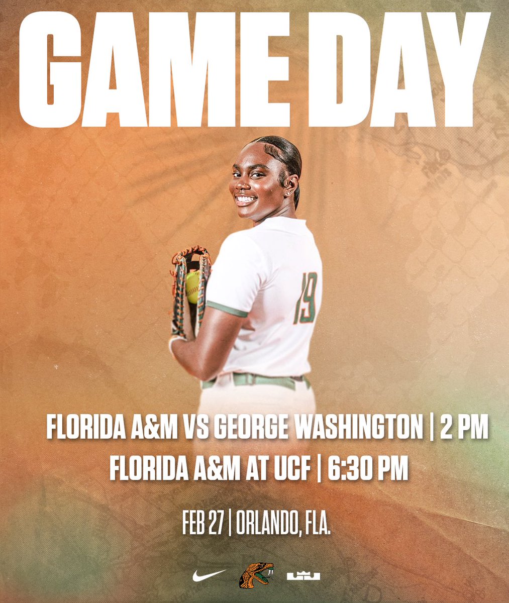 Game Day x 2️⃣ for the Rattlers! 🐍🥎

Florida A&amp;M takes the field twice today in Orlando:

🆚 George Washington — 2 PM
🆚 UCF — 6:30 PM

All gas. All day. Let’s get to work.

#FangsUp