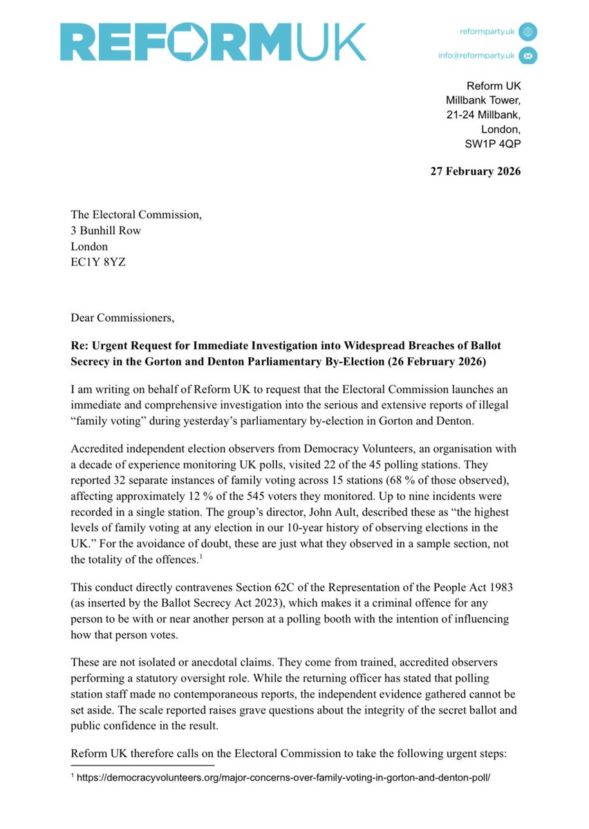 SKEWGAMING's tweet photo. 🚨🇬🇧

Reform Reports Alleged ‘Family Voting’ Cases to Police and Electoral Commission

View the reports 👇

#Refrom #GortonDentonByElection #Uk #News #Politics https://t.co/AXgOTlUTvV
