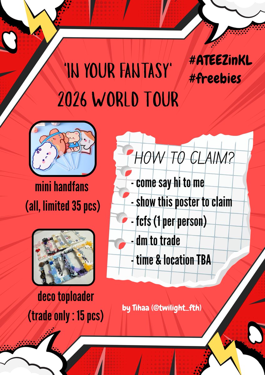 twilight_fth's tweet photo. ATEEZ IN YOUR FANTASY KL
✨️ limited freebies ✨️

🌷refer poster for more details
🌷rt &amp; likes are much appreciated 
🌷do not throw/resell!

#IYFinKL #ATEEZinKL #pasarATEEZ https://t.co/7Zgs88NZV1