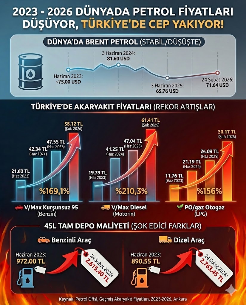Dünyada petrol fiyatları düşüyor, Türkiye'de artıyor. 

Brent petrolun varili 2023 yılı Haziran ayında ortalama 75 dolar, bugün 71,6 dolar seviyesinde.

Aynı dönemde Türkiye'de kurşunsuz benzin fiyatı litre başına 21,6 liradan 58,1 liraya, dizel benzin fiyatı 19,7 liradan 61,4