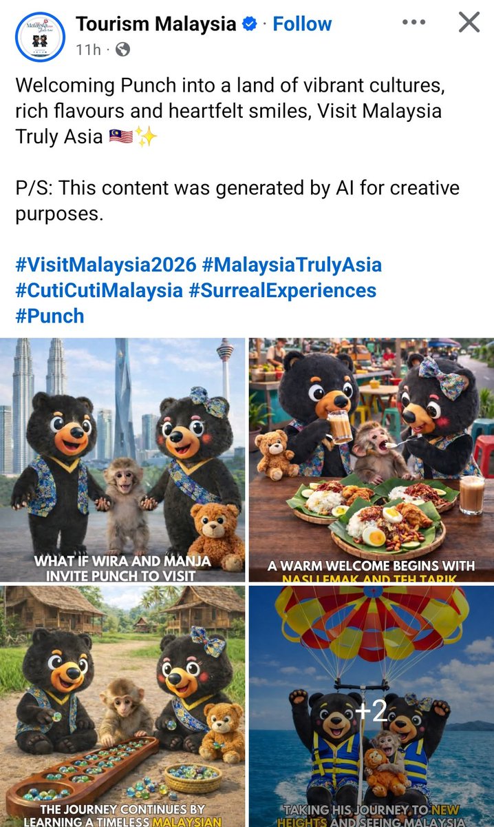 Guyssss remember last year artists questioned if the sunbear mascots are AI generated? Fortunately, it is not.

But guess what Tourism Malaysia is doing now? 😂 

Remember how y'all call artists annoying for that? Remember?