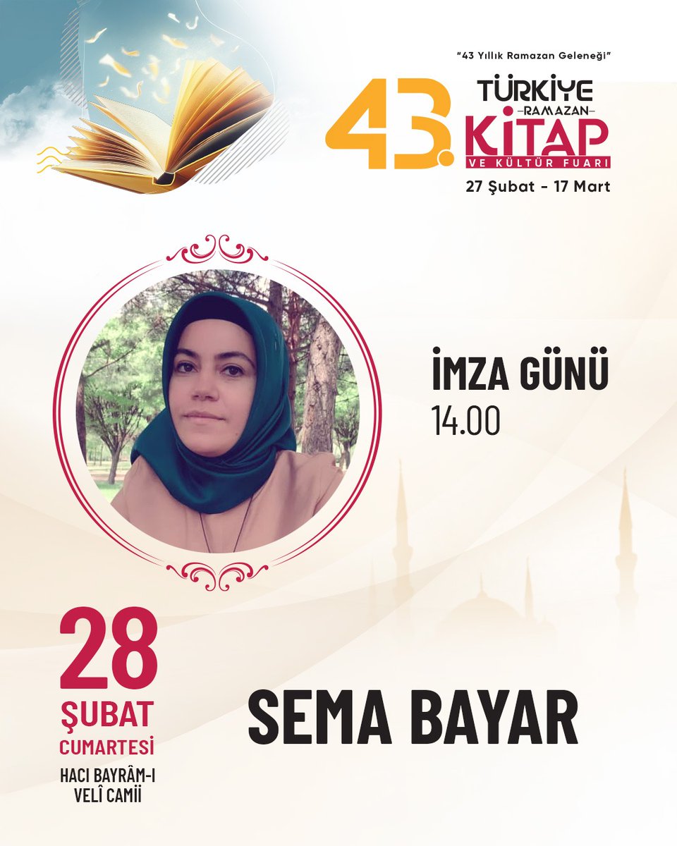 tdvfuarlari's tweet photo. Abdurrahim Karabulut ve Sema Bayar imza etkinliği için 43. Türkiye Kitap ve Kültür Fuarı’nda okurlarıyla buluşuyor. 📢
📌 Adres: Ankara Hacı Bayrâm-ı Velî Camii
Abdurrahim Karabulut
🗓Tarih ve Saat : 28 Şubat 2026 13:00
Sema Bayar
🗓Tarih ve Saat : 28 Şubat 2026 14:00 https://t.co/H7lyE27HR8