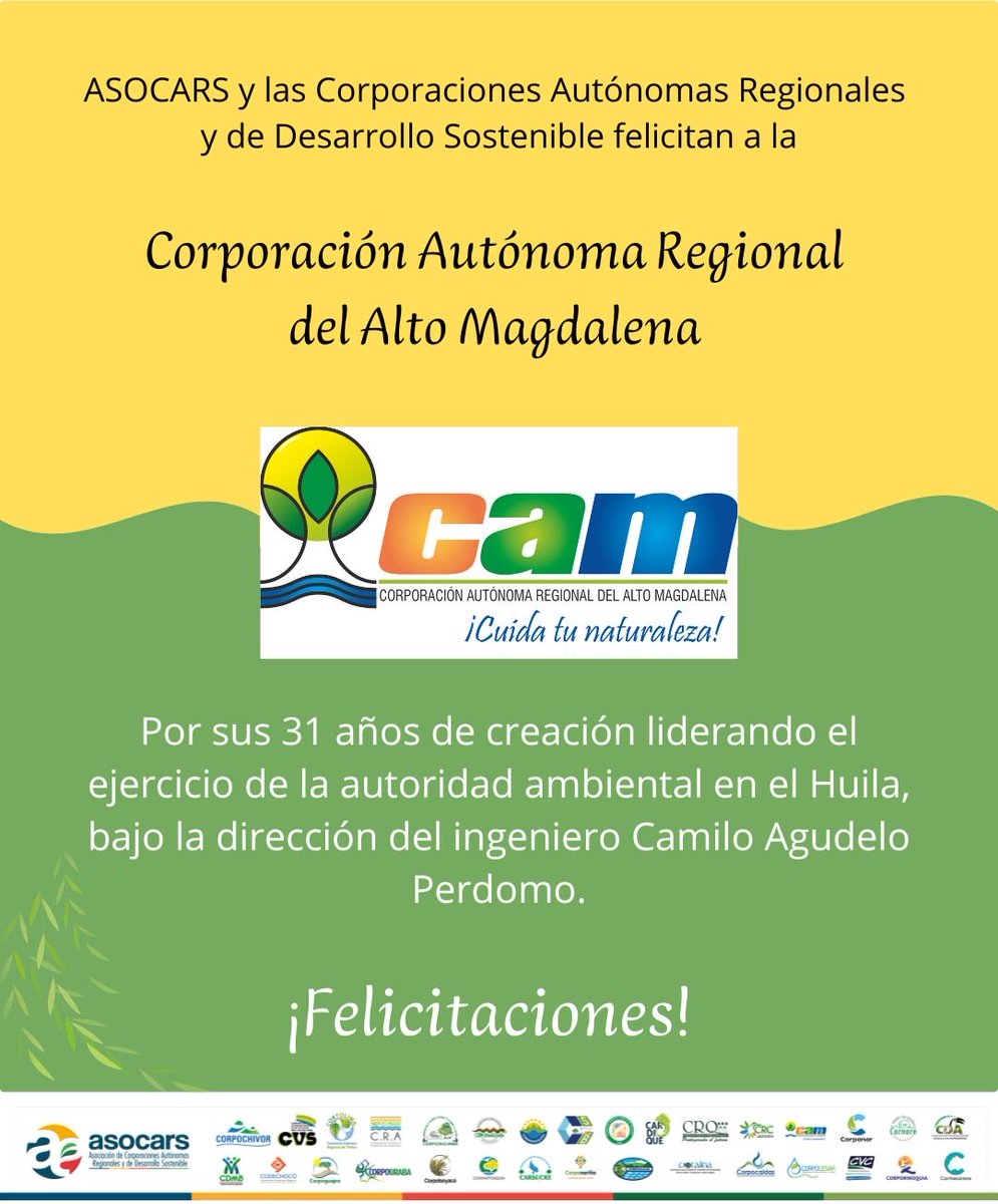 ASOCARS's tweet photo. #ElAmbienteNosUne Felicitaciones a la @CAMHUILA en sus 31 años de creación 🍃🎉 https://t.co/1vimA7XVwR