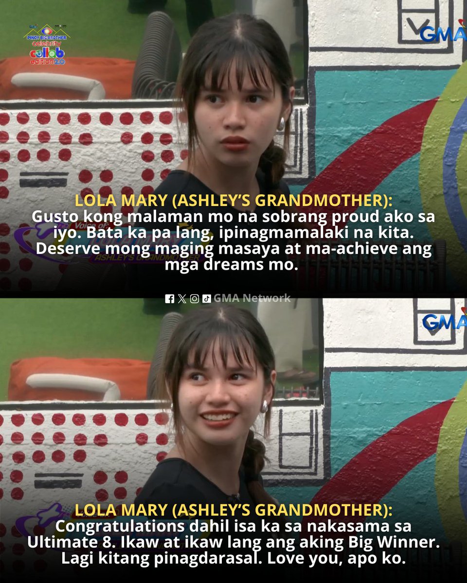 "Lagi kitang pinagdarasal. Love you, apo ko." - Lola Mary (Ashley's Grandmother) ❤️

Don’t miss the #GMAPBBCollab Big Night this Saturday at 7:15 PM on GMA Network!

#PBBCollab20FinalTask